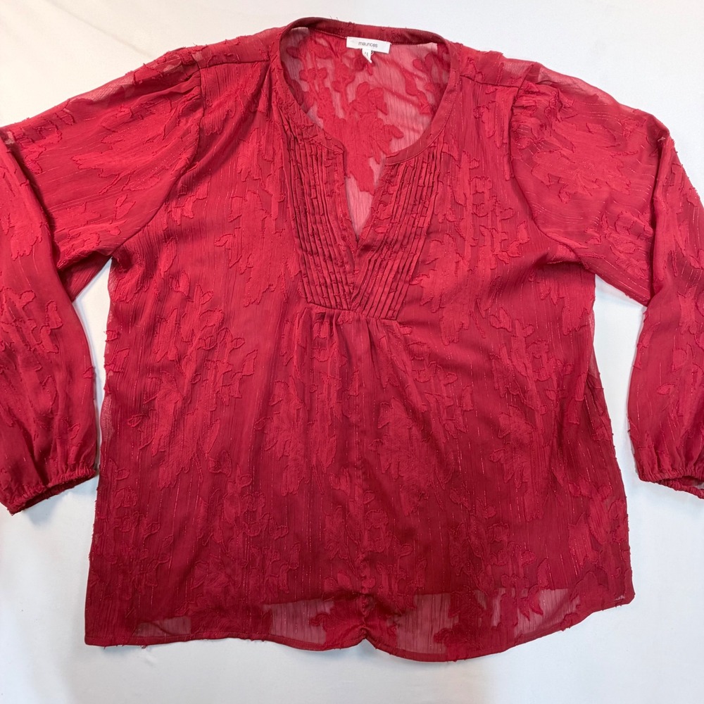 Maurices Womens XL Red Floral Textured Sheer Metallic Pintuck Boho Blouse Top